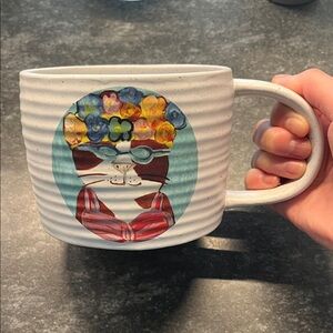 West Elm White Cat Mug with Floral Design